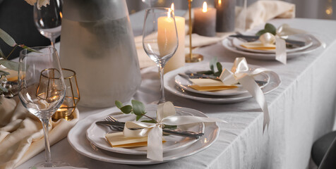 Festive table setting with beautiful decor indoors. Banner design