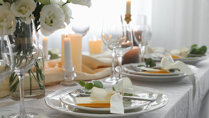 Festive table setting with beautiful floral decor in restaurant. Banner design