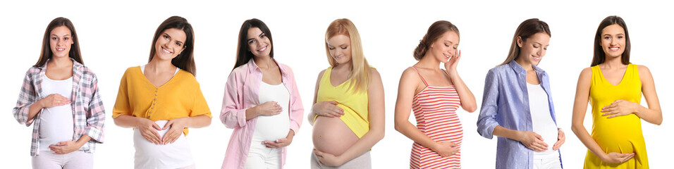 Collage with photos of happy pregnant women on white background. Banner design