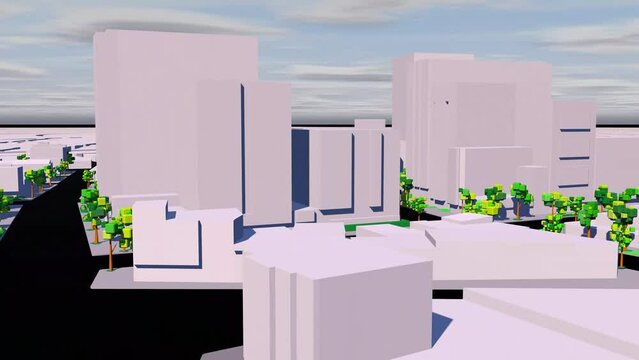 Paneo de ciudad 3D. Edificios 3D blancos. Low poly. Modelado 3D de una ciudad. Ciudad digital. Metaverso. Zonas verdes en la ciudad. Mundo digital.