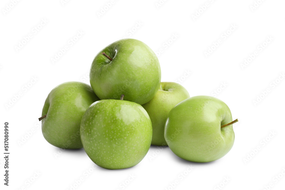 Wall mural fresh ripe green apples on white background