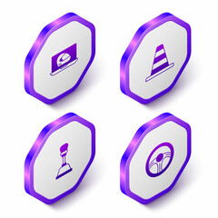 Set Isometric Racing helmet, Traffic cone, Gear shifter and steering wheel icon. Purple hexagon button. Vector