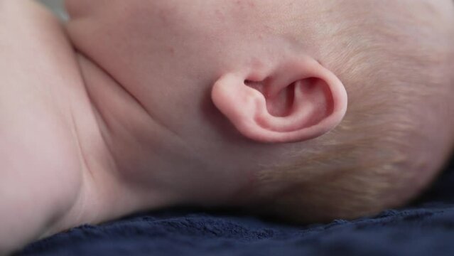 Close up of small newborn infant baby ear