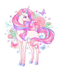 Beautiful pink unicorn with surrounded with flowers and butterflies. Cartoon vector illustration. © Mus Illustrations