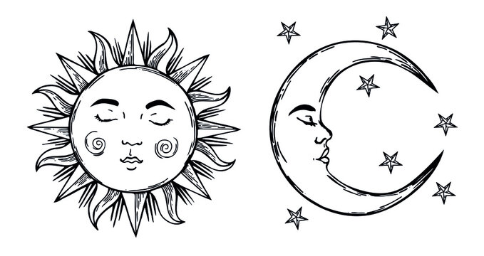 Set of beautiful mystical elements, sun and crescent moon with face vintage style. Design tattoos elements. Antique style vector. Hand drawn in engraving style isolated on white background.