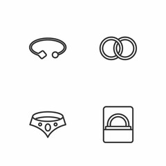 Set line Diamond engagement ring in box, Necklace, Bracelet jewelry and Wedding rings icon. Vector