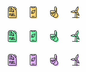 Set line Thermometer, Bio fuel canister, Mobile phone with leaf and Wind turbine icon. Vector