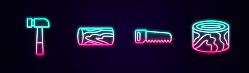 Set line Hammer, Wooden log, Hand saw and logs. Glowing neon icon. Vector