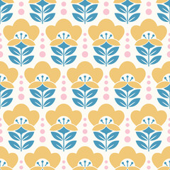 Floral Seamless Pattern in Retro Style. Dusty Yellow flowers on Cream background.