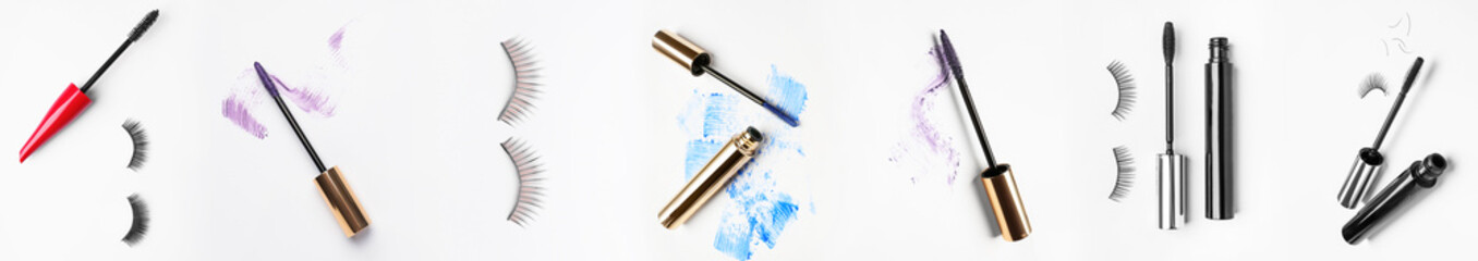 Set of mascara and fake eyelashes on white background