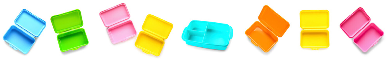 Set of empty plastic lunch boxes on white background