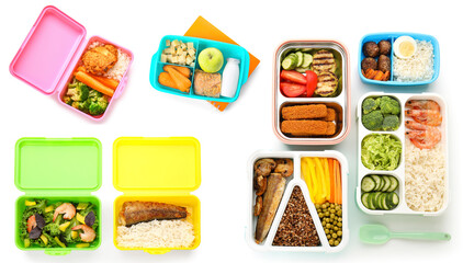 Set of lunch boxes with tasty food on white background, top view