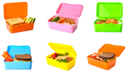 Set of lunch boxes with tasty food on white background