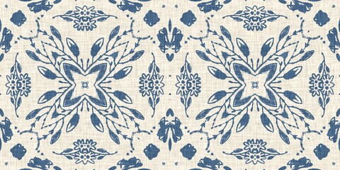 French blue floral french printed fabric border pattern for shabby chic home decor trim. Rustic farm house country cottage flower linen endless tape. Patchwork quilt effect ribbon edge. - obrazy, fototapety, plakaty