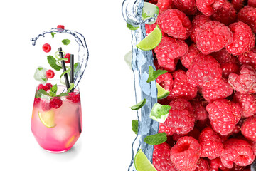 Collage with glass of fresh raspberry mojito cocktail on white background