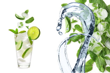 Collage with glass of fresh mojito cocktail, mint leaves and ice cubes on white background