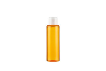 Plastic Orange Bottle with white lid , isolated on white background.
Plastic cosmetic bottle with bubbles in liquid.