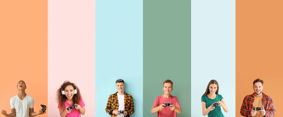 Set of people playing video games on colorful background © Pixel-Shot