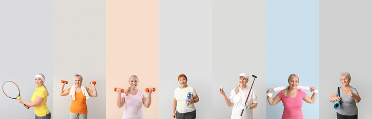 Set of sporty elderly women on colorful background