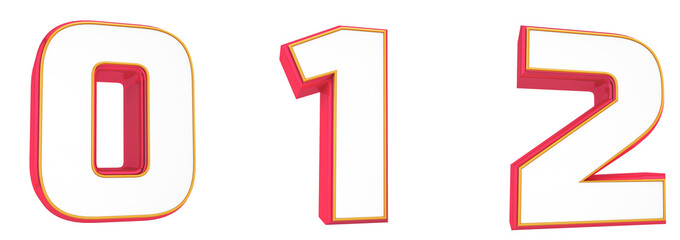 Fluorescent alphabet. Neon numbers 0, 1, 2. Colors: pink, yellow and white. Path save.  Beautiful 3D illustration.