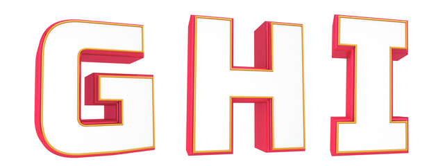 Fluorescent alphabet. Neon letters G, H, I. Colors: pink, yellow and white. Path save.  Beautiful 3D illustration.