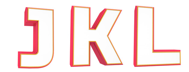 Fluorescent alphabet. Neon letters J, K, L. Colors: pink, yellow and white. Path save.  Beautiful 3D illustration.