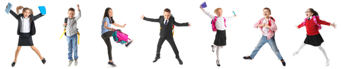 Set of jumping little school children on white background