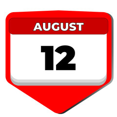 12 August vector icon calendar day. 12 date of august. Twelfth day of august. 12th date number. 12 day calendar. Twelve date. International Youth Day IYD, World Elephant
