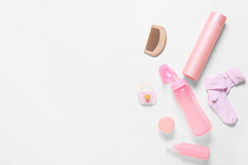 Different accessories for baby girl on white background