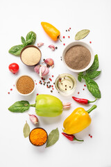 Composition with fresh vegetables and spices isolated on white background