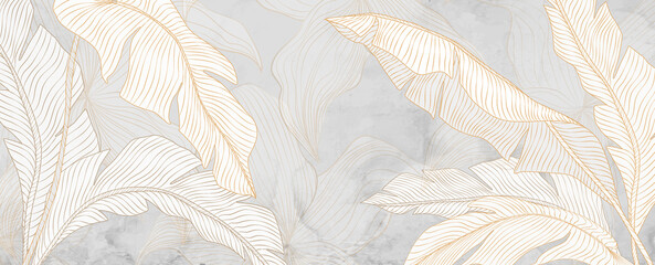 Art background with tropical palm leaves in gold color in line style. Hand drawn botanical banner for wallpaper design, decor, print, textile - 517085580