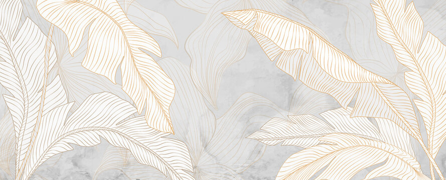 Fototapeta Art background with tropical palm leaves in gold color in line style. Hand drawn botanical banner for wallpaper design, decor, print, textile