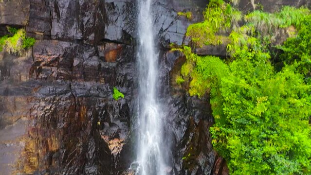 Aerial view of Waterfall in the rainforest. Bambarakanda Falls in mountain jungle. Sri Lanka.