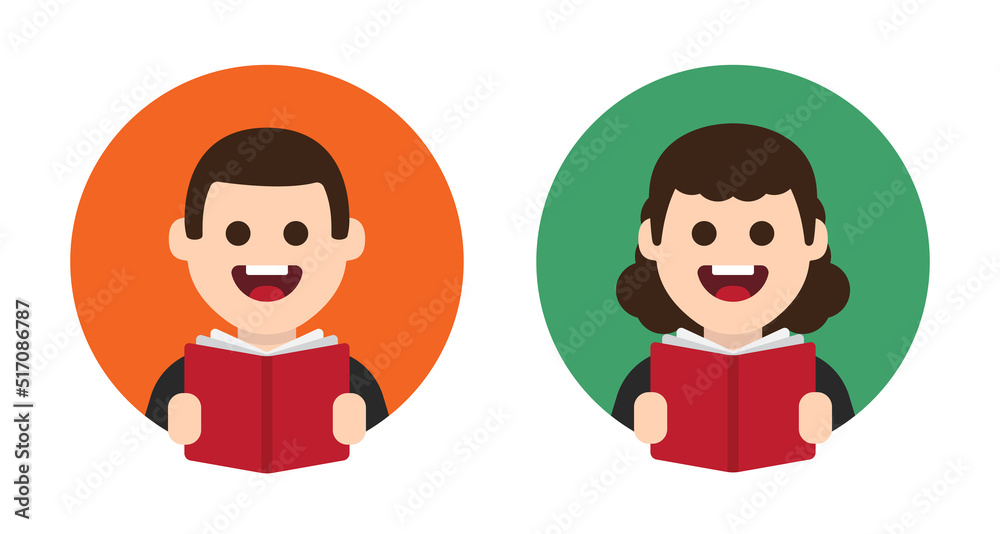 Aufkleber person reading book character vector illustration. reader icon profile avatar.