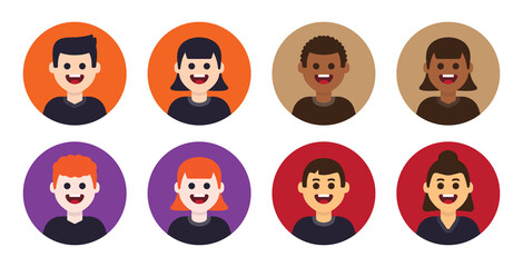 Diversity skin color avatar icon set. Male and female portraits, vector illustration.