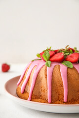 Tasty strawberry cake on light background, closeup
