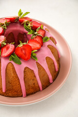 Tasty strawberry cake on light background, closeup