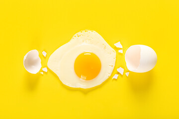 Composition with tasty fried egg and shell on yellow background