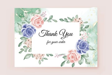 thank you card with flower pink and blue rose frame background