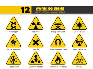 set of isolated material hazardous symbols on yellow round triangle board warning sign for pictograms, icon, label, logo or package industry etc. paperwork flat style vector design. - obrazy, fototapety, plakaty