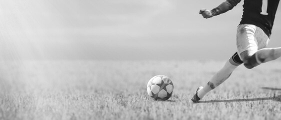 a Football Players Running and Kicking in Soccer Game.