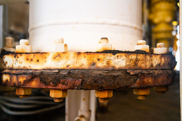 Rust damage paint and corrosion flange and bolt nut on pipeline industrial.