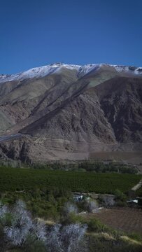 panorama view of vineyards and snowy mountains in winter at Valle del Elqui in Elqui Province, Coquimbo Region.
