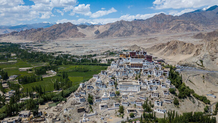 Aerial view Thiksey Monastery, Thiksey Gompa Tibetan Buddhist monastery of the Yellow Hat, Ladakh, Jammu and Kashmir, India, Leh Ladakh , Famous place in Leh Ladakh India. - obrazy, fototapety, plakaty