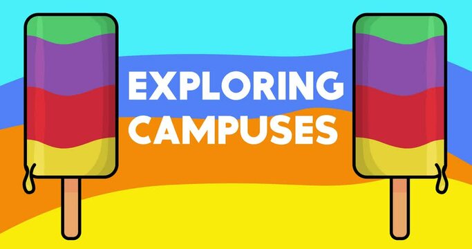Ice Cream with Exploring Campuses text. Two colorful animated summer sweet food cartoon. 4k resolution animation, moving image.