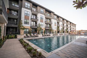 outdoor pool in a modern apartment complex - obrazy, fototapety, plakaty