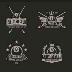 Set of billiard monochrome logos and emblems isolated in black colour. Billiard Vector illustration