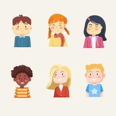 Set of children's avatars. Bundle of smiling faces of boys and girls with different hairstyles, skin tones and ethnicities. Flat colorful vector illustration isolated
