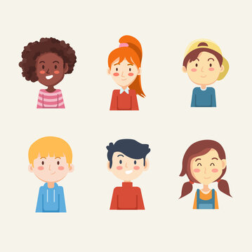 Set of children's avatars. Bundle of smiling faces of boys and girls with different hairstyles, skin tones and ethnicities. Flat colorful vector illustration isolated