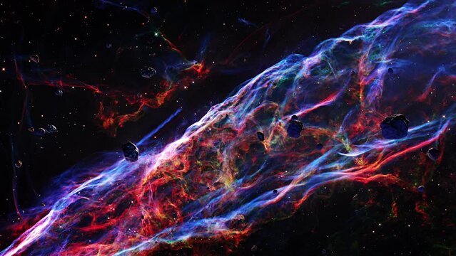 Galaxy space flight exploration space rock scence At Veil Nebula. 4K looping animation of flying through glowing nebulae, clouds and stars field.